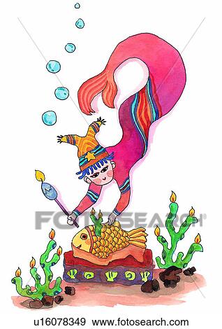 Stock Illustration - painting, watercolor, birthday, fish, sea, merman. Fotosearch