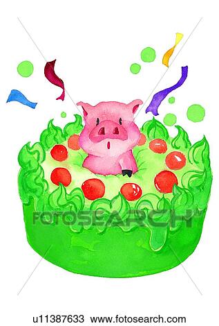 painting, watercolor, birthday, pig, cake View Large Illustration Drawing - painting, watercolor, birthday, pig, cake. Fotosearch
