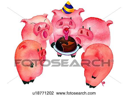 painting, watercolor, birthday, pig, cake View Large Illustration Drawing - painting, watercolor, birthday, pig, cake. Fotosearch