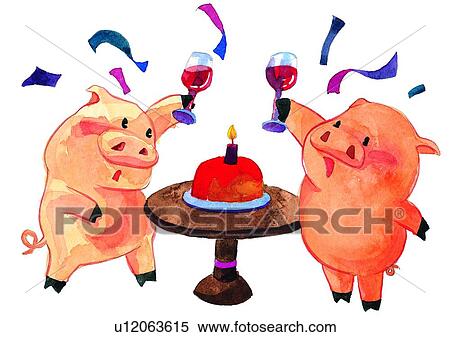 Peinture Aquarelle Anniversaire Cochon Gateau Celebration Banque D Illustrations U Fotosearch