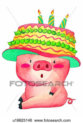 Peinture Aquarelle Anniversaire Cochon Chapeau Gateau Banque D Illustrations U Fotosearch