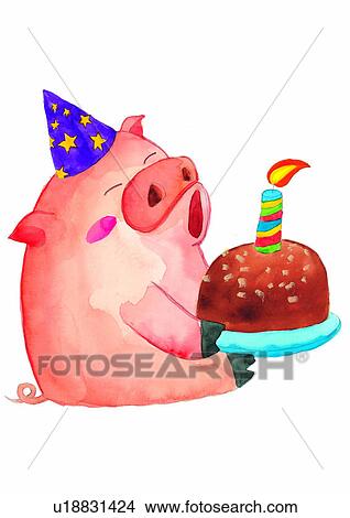 pig, painting, candle, cake, watercolor, birthday View Large Illustration Stock Illustration - pig, painting, candle, cake, watercolor, birthday. Fotosearch