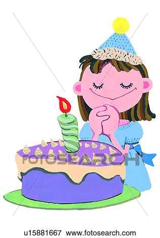 Smile, birthday, candle, painting, wish, child Stock Illustration