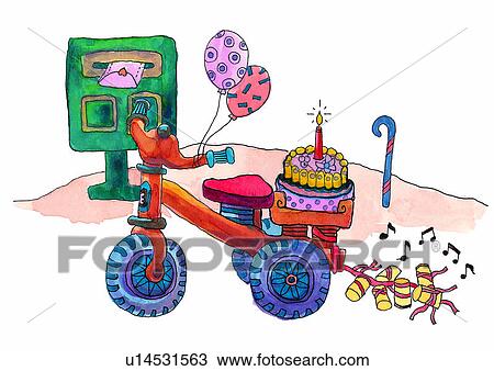 watercolor, birthday, bicycle, painting, balloon View Large Illustration Drawing - watercolor, birthday, bicycle, painting, balloon. Fotosearch