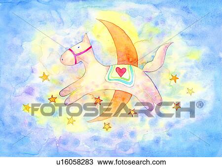 Drawing - watercolor, moon, birthday, painting, horse. Fotosearch
