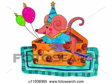 Stock Illustration - watercolor, mouse, birthday, painting, cheese, balloon. Fotosearch