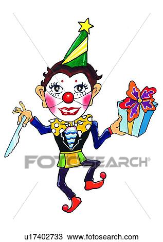 Drawing - watercolor, painting, clown, gift, birthday. Fotosearch