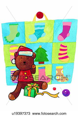 Drawing - Christmas, bear, painting, sock, watercolor, Christmas tree. Fotosearch