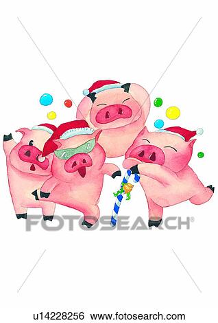 Stock Illustration - Christmas, celebration, pig, painting, watercolor, dancing. Fotosearch
