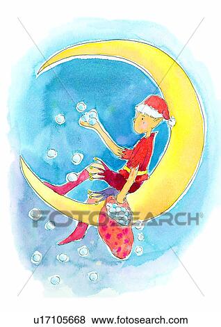 Stock Illustration - Christmas, child, watercolor, painting, moon. Fotosearch