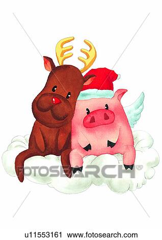 Clip Art - Christmas, painting, watercolor, angel, deer, pig. Fotosearch