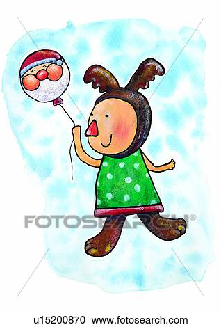 Clipart - Christmas, painting, watercolor, deer, balloon. Fotosearch