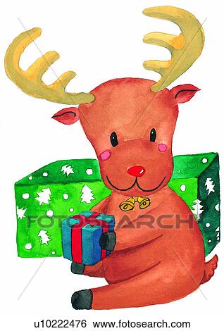 Stock Illustration - Christmas, painting, watercolor, deer. Fotosearch