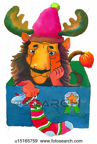 Christmas, painting, watercolor, deer, lion, hat View Large Illustration Stock Illustration - Christmas, painting, watercolor, deer, lion, hat. Fotosearch