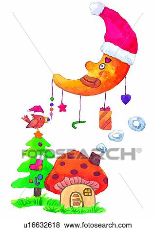Christmas, painting, watercolor, moon, decoration View Large Illustration Stock Illustration - Christmas, painting, watercolor, moon, decoration. Fotosearch