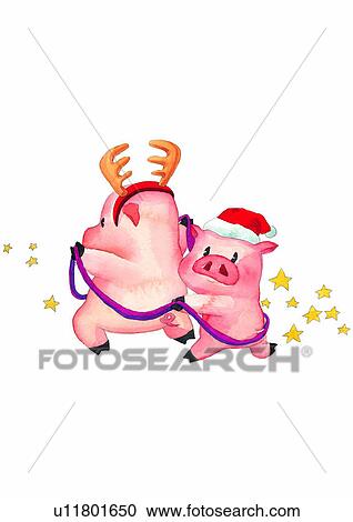 Clipart - Christmas, painting, watercolor, pig, deer. Fotosearch