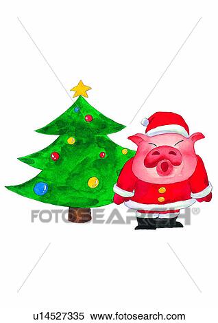 Stock Illustration - Christmas, painting, watercolor, pig, Christmas tree. Fotosearch