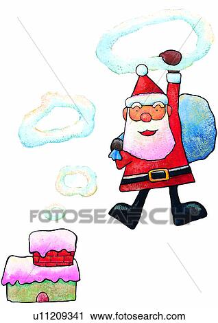 Clip Art - Christmas, painting, watercolor, Santa Claus, cloud, bag. Fotosearch