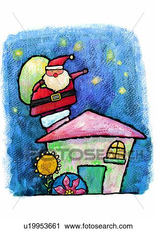 Clip Art - Christmas, painting, watercolor, Santa Claus, house, roof. Fotosearch