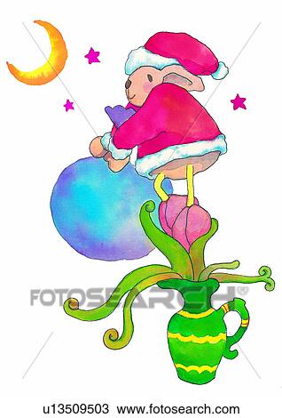 Drawing - Christmas, painting, watercolor, Santa Claus, moon, bag. Fotosearch