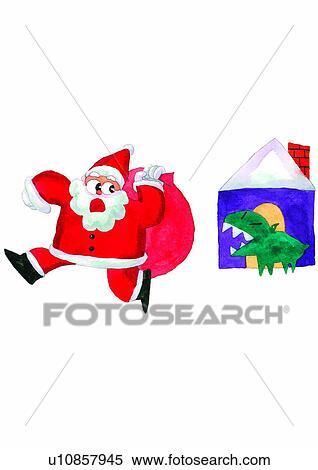 Stock Illustration - Christmas, painting, watercolor, Santa Claus, dog, barking. Fotosearch