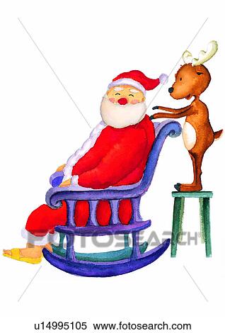 Stock Illustration - Christmas, painting, watercolor, Santa Claus, deer, chair. Fotosearch