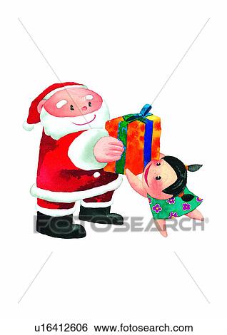 Stock Illustration - Christmas, painting, watercolor, Santa Claus, gift, present. Fotosearch
