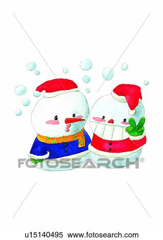 Stock Illustration - Christmas, painting, watercolor, snowman. Fotosearch