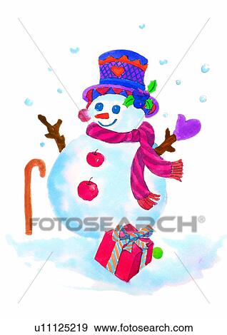 Christmas, painting, watercolor, snowman, hat, scarf View Large Illustration Stock Illustration - Christmas, painting, watercolor, snowman, hat, scarf. Fotosearch