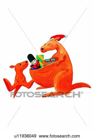 Stock Illustration - Christmas, painting, watercolor, kangaroo, toy, gift. Fotosearch