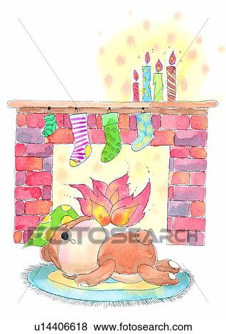 Stock Illustration - Christmas, painting, watercolor, fireplace, sock, fire. Fotosearch