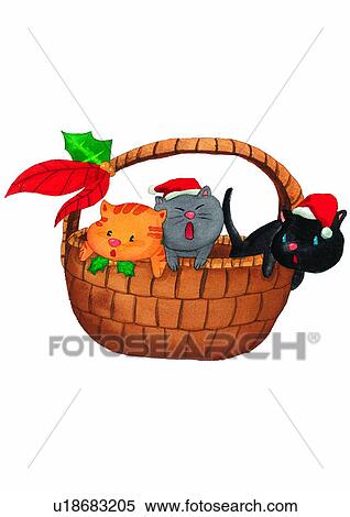 Christmas, painting, watercolor, basket, cat, kitty View Large Illustration Stock Illustration - Christmas, painting, watercolor, basket, cat, kitty. Fotosearch