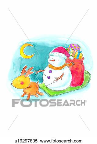 Christmas, painting, watercolor, snowman, deer, skiing View Large Illustration Stock Illustration - Christmas, painting, watercolor, snowman, deer, skiing. Fotosearch