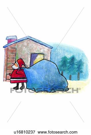 Stock Illustration - Christmas, Santa Claus, painting, house, watercolor, bag. Fotosearch