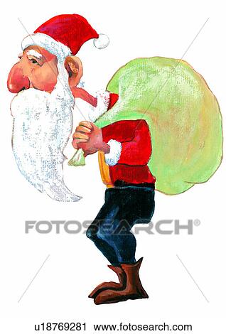 Clip Art - painting, Christmas, watercolor, bag, Santa Claus. Fotosearch
