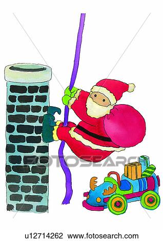 Drawing - painting, Christmas, watercolor, Santa Claus, stack, climbing. Fotosearch