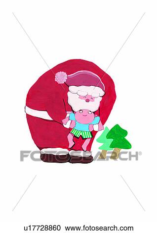 Clipart - painting, watercolor, Christmas, bag, Christmas tree, Santa Claus. Fotosearch