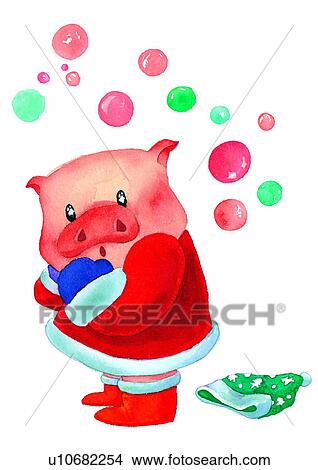 Stock Illustration - painting, watercolor, Christmas, pig. Fotosearch