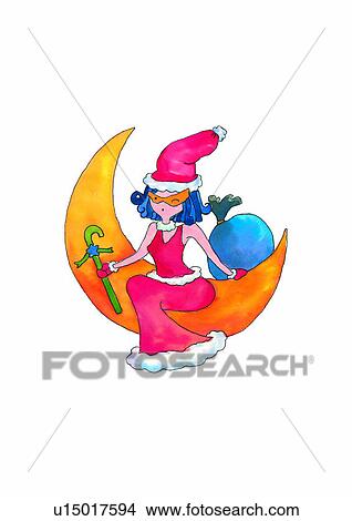 Stock Illustration - Santa Claus, moon, watercolor, painting, Christmas, bag. Fotosearch