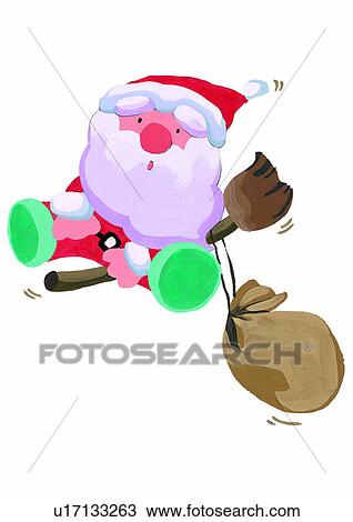 Drawing - Santa Claus, painting, Christmas, watercolor, broom, flying. Fotosearch