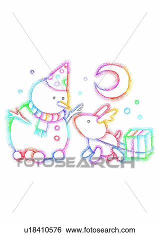 snowman, painting, Christmas, watercolor, moon, rabbit View Large Illustration Stock Illustration - snowman, painting, Christmas, watercolor, moon, rabbit. Fotosearch