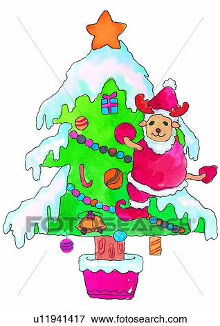 Stock Illustration - watercolor, deer, painting, decoration, Santa Claus, Christmas. Fotosearch