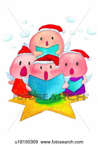 Stock Illustration - watercolor, painting, angel, wing, singing, Christmas. Fotosearch