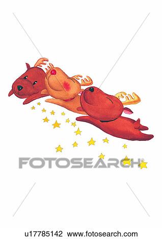 Drawing - watercolor, painting, Christmas, deer, flying. Fotosearch