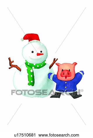 Clip Art - watercolor, painting, pig, snowman, Christmas. Fotosearch