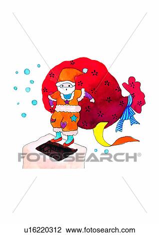 Drawing - watercolor, painting, stack, Santa Claus, bag, Christmas. Fotosearch