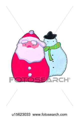 Drawing - watercolor, snowman, Santa Claus, Christmas, painting. Fotosearch