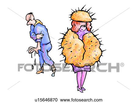 Clipart - cartoon, pain, sad, figure, woman, male. Fotosearch