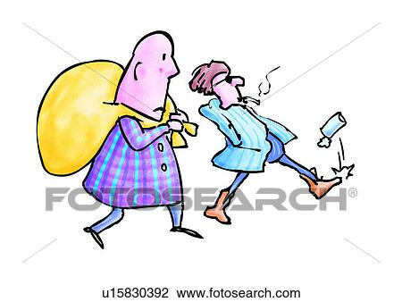 Drawing - role, personage, cartoon, kick, backpack, follow, caricature. Fotosearch