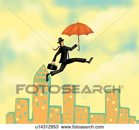 Drawing - Bag, Building Structure, Businessman, Flying. Fotosearch